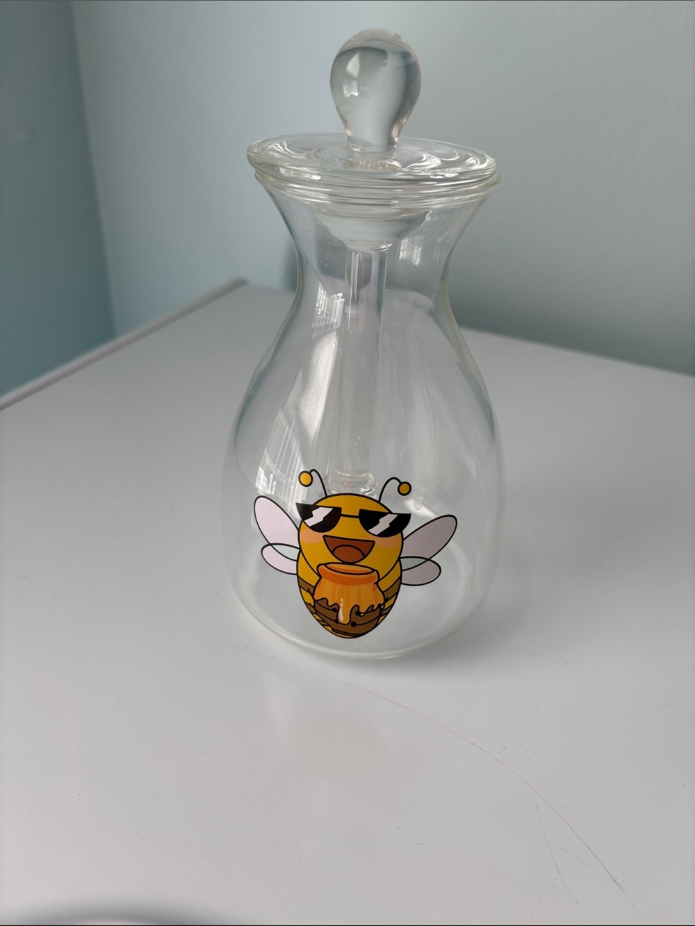 Clear Glass Bee Honey Dispenser - Yellow Bee Design